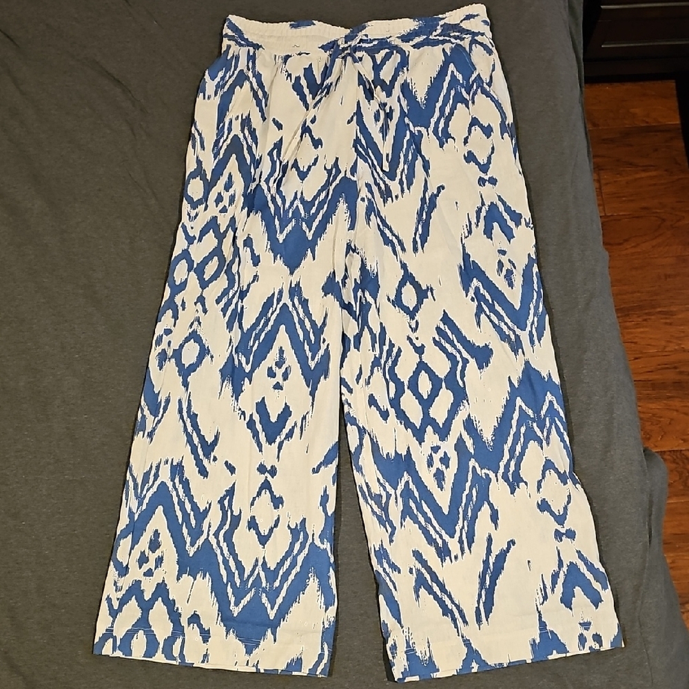 Sam Edelman blue + white abstract print wide‑leg pants XL